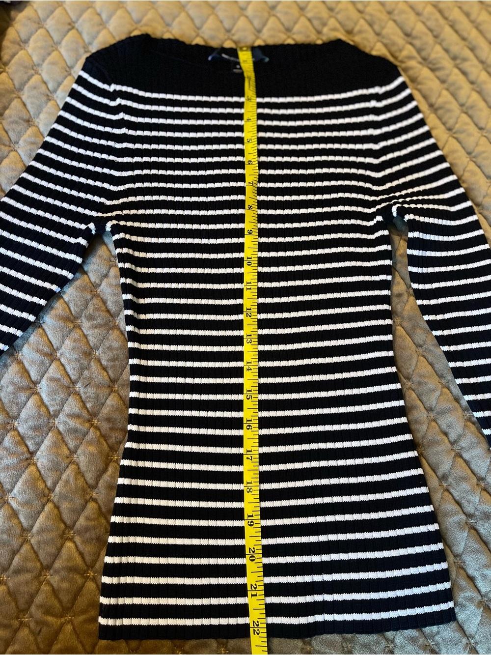 White House Black Market Black and White Striped Ribbed Bell-Sleeve Sweater - Picture 4 of 4